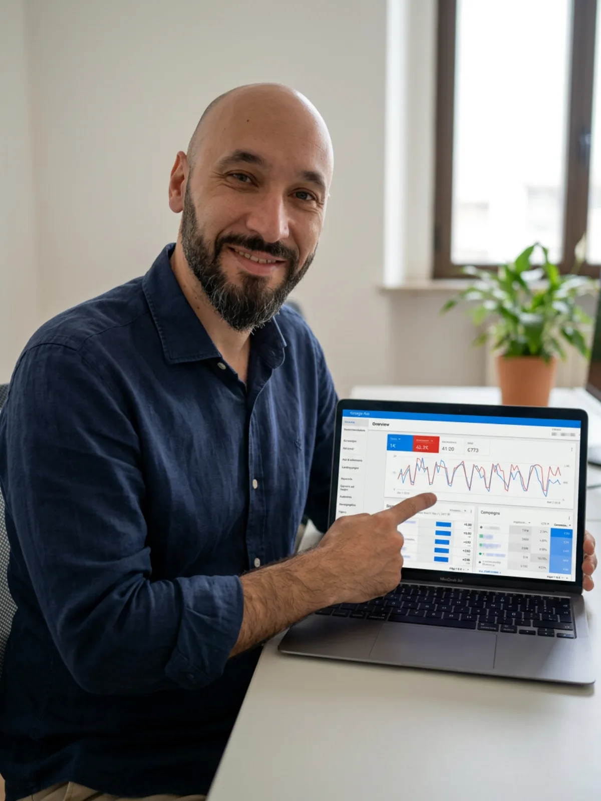 Javier Luján, consultor de Google Ads, señalando los resultados de una campaña en el panel de Google Ads